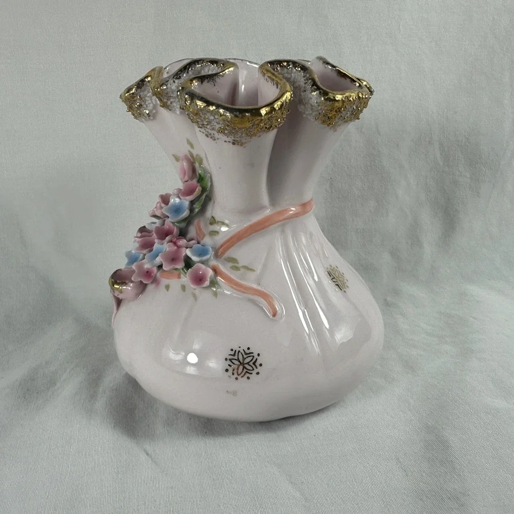 Vtg Lefton Pink Pouch Purse Vase Applied Flowers Forget-Me-Nots Gold Trim‎ Mint